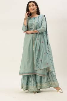 Women Light Teal Sequence & Lace Work Sharara Suit