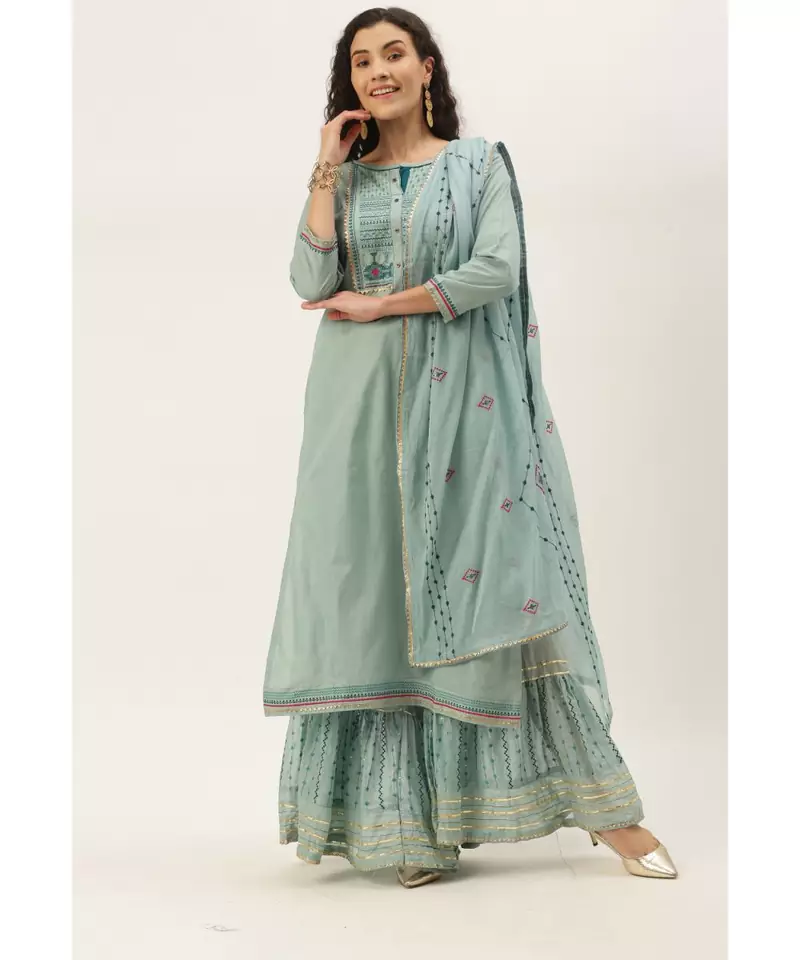 Women Light Teal Sequence & Lace Work Sharara Suit