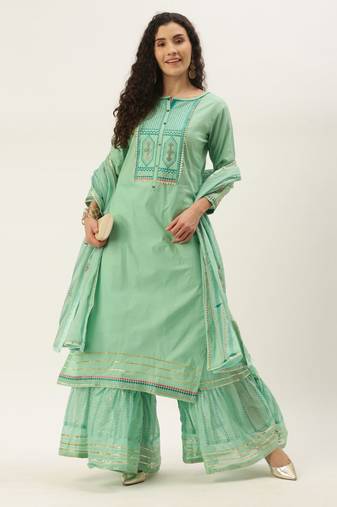women sea green sequence & lace work sharara suit