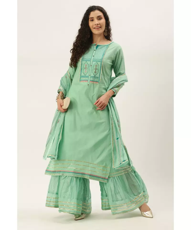 women sea green sequence & lace work sharara suit