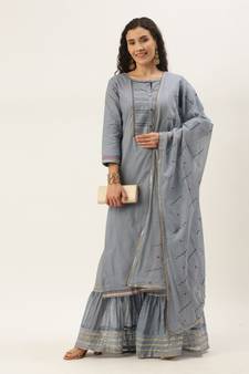 Women Light Grey Sequence & Lace Work Sharara Suit
