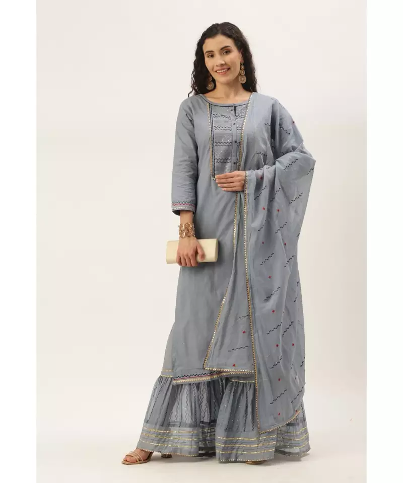 Women Light Grey Sequence & Lace Work Sharara Suit