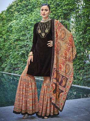 brown velvet semi stitched thread embroidery top & bottom with dupatta 1