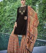 brown velvet semi stitched thread embroidery top & bottom with dupatta