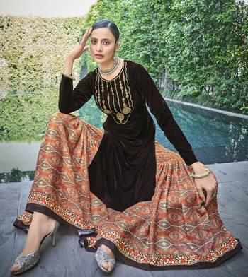 brown velvet semi stitched thread embroidery top & bottom with dupatta 2