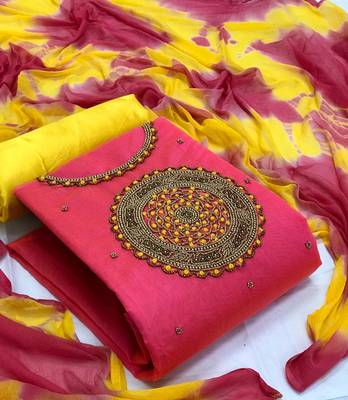 VredeVogel Pink Modal chanderi silk with handwork unstitched dress material 1