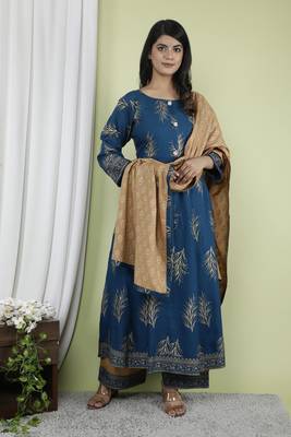 Women's Rayon Ethnic Floral Printed Anarkali Kurti With Palazzo & Dupatta Set 1