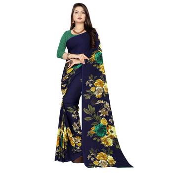 Blue printed faux georgette saree with blouse 1