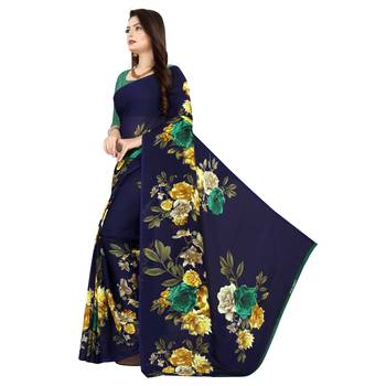 Blue printed faux georgette saree with blouse 2