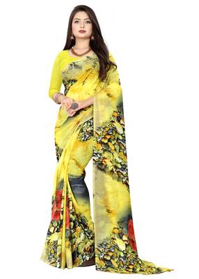 Yellow printed faux georgette saree with blouse 1