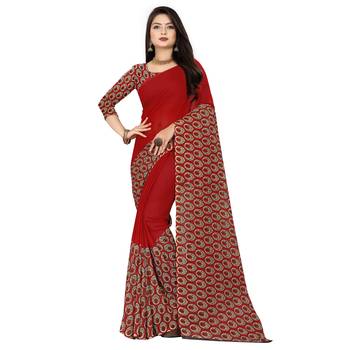 Red printed faux georgette saree with blouse 1