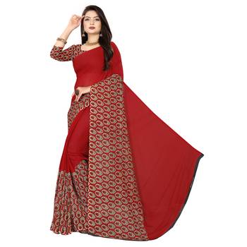 Red printed faux georgette saree with blouse 2