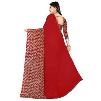 Red printed faux georgette saree with blouse 3
