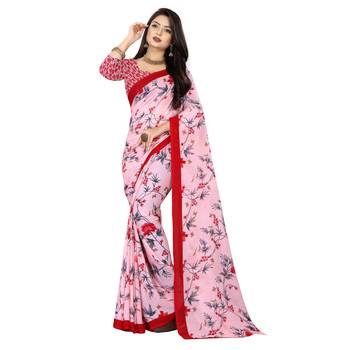 Pink printed faux georgette saree with blouse 1