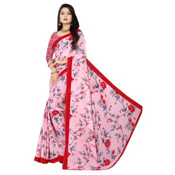 Pink printed faux georgette saree with blouse 2