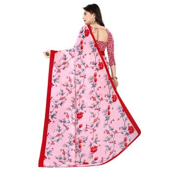 Pink printed faux georgette saree with blouse 3