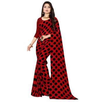 Red printed faux georgette saree with blouse 1