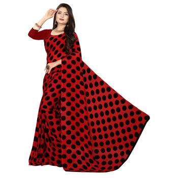Red printed faux georgette saree with blouse 2