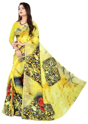 Yellow printed faux georgette saree with blouse 3