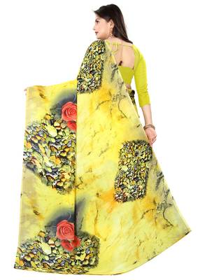Yellow printed faux georgette saree with blouse 4