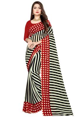 Cream printed faux georgette saree with blouse 1