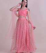 party wear peach net lehenga choli