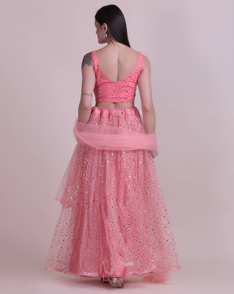 party wear peach net lehenga choli