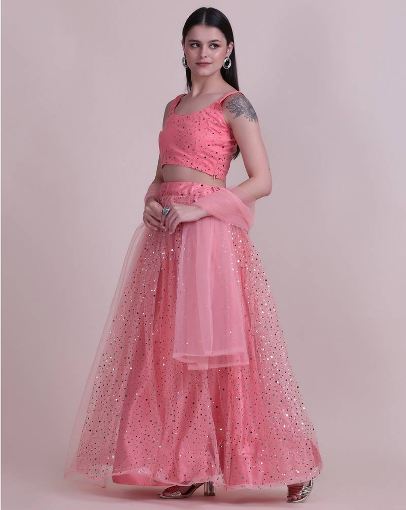 party wear peach net lehenga choli