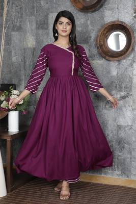 Women's Designer Rayon Solid Printed Gota Work Anarkali Kurti With Pant Set 1