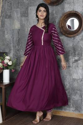 Women's Designer Rayon Solid Printed Gota Work Anarkali Kurti With Pant Set 3