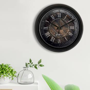 Rustic Wood and IronDesigner Round Analog Black Wall Clock 3