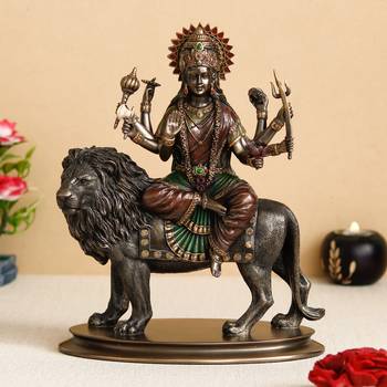 Goddess Durga on Lion Cold Cast Bronze Resin Decorative Figurine 1