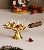 Brass Panchdeep Diya for 5 Cotton Wicks with Wooden Holder