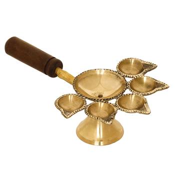Brass Panchdeep Diya for 5 Cotton Wicks with Wooden Holder 3