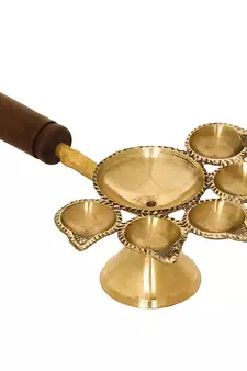 Brass Panchdeep Diya for 5 Cotton Wicks with Wooden Holder