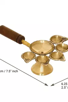 Brass Panchdeep Diya for 5 Cotton Wicks with Wooden Holder