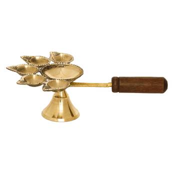 Brass Panchdeep Diya for 5 Cotton Wicks with Wooden Holder 5