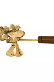 Brass Panchdeep Diya for 5 Cotton Wicks with Wooden Holder
