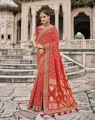 Red embroidered silk blend saree with blouse 1