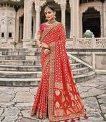 Red embroidered silk blend saree with blouse