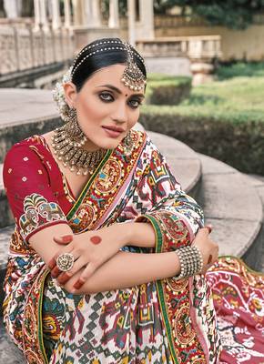 White embroidered patola saree with blouse 4