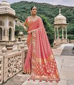 Pink embroidered silk blend saree with blouse