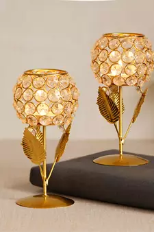 Set of  Glass with Leaf shape Crystal Tea Light Holder