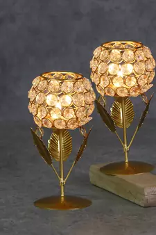 Set of  Glass with Leaf shape Crystal Tea Light Holder