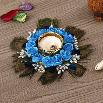 Mor Pankh with Blue Flowers Handcrafted Decorative Tea Light Holder 1