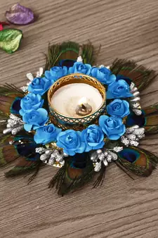 Mor Pankh with Blue Flowers Handcrafted Decorative Tea Light Holder