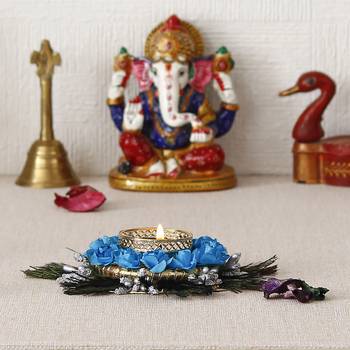 Mor Pankh with Blue Flowers Handcrafted Decorative Tea Light Holder 2