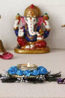 Mor Pankh with Blue Flowers Handcrafted Decorative Tea Light Holder