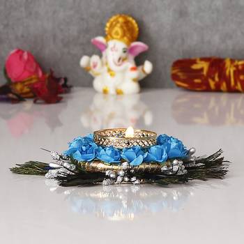 Mor Pankh with Blue Flowers Handcrafted Decorative Tea Light Holder 3