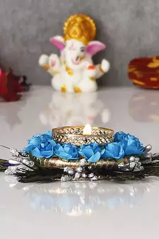 Mor Pankh with Blue Flowers Handcrafted Decorative Tea Light Holder